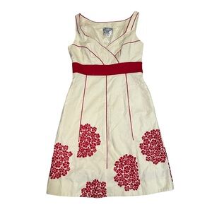 Floreat Cream Midi Dress with Red Floral Motif and Waistband